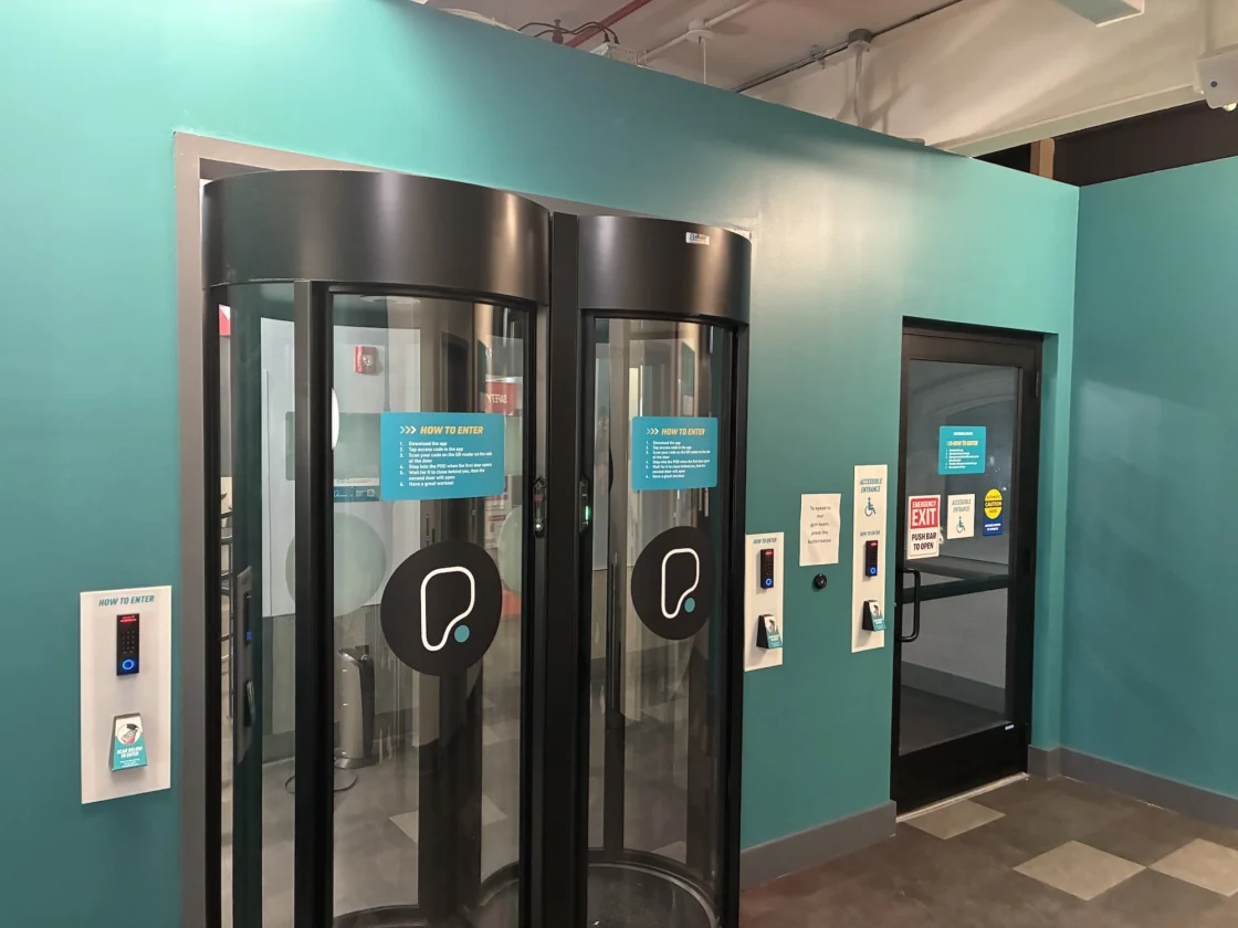 PureGym automatic entry doors in a New York City gym