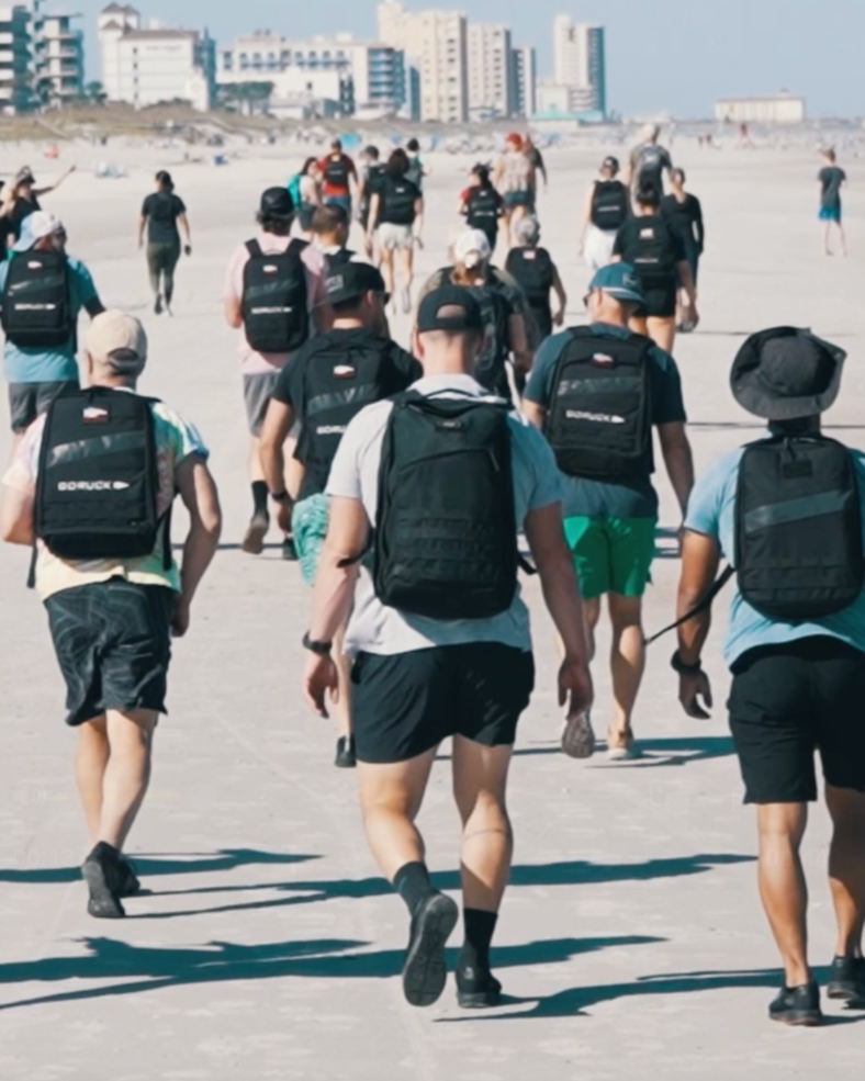 people walking wearing backpacks