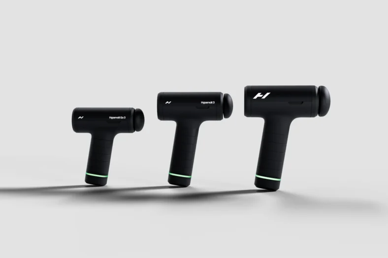 three Hyperice massage gun models next to each other