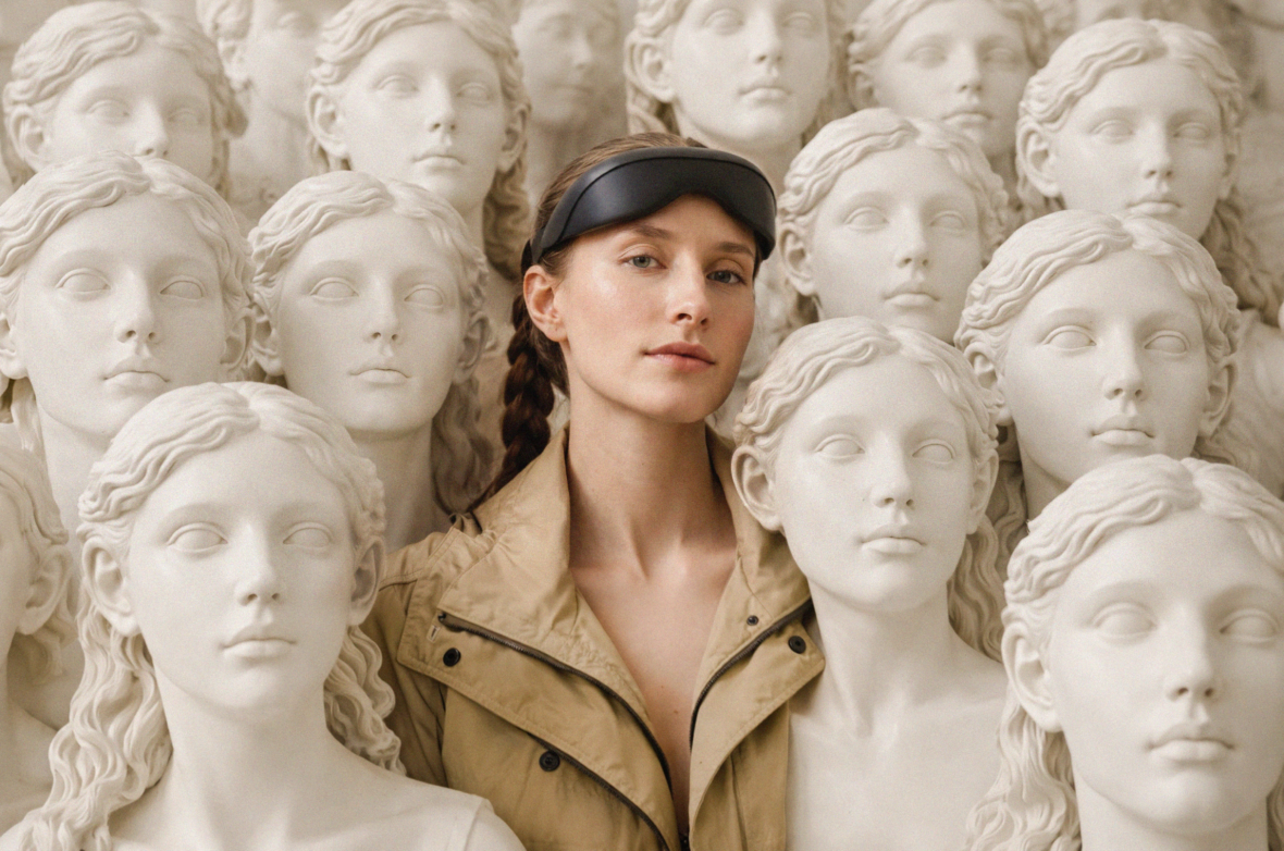 Woman wearing a Mave Health wearable and beige jacket standing among multiple classical white marble bust sculptures.
