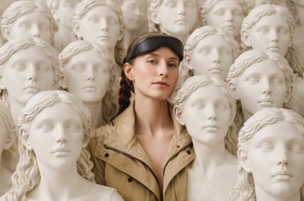 Woman wearing a Mave Health wearable and beige jacket standing among multiple classical white marble bust sculptures.