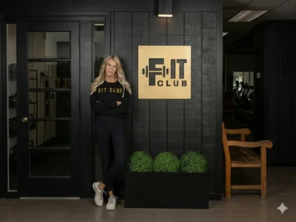 Golden Bachelorette Joan Vassos in black “Fit Club” sweatshirt standing with arms crossed beside a gold Fit Club sign on a dark wood wall.
