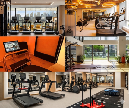 collage of fitness amenities inside different apartment buildings