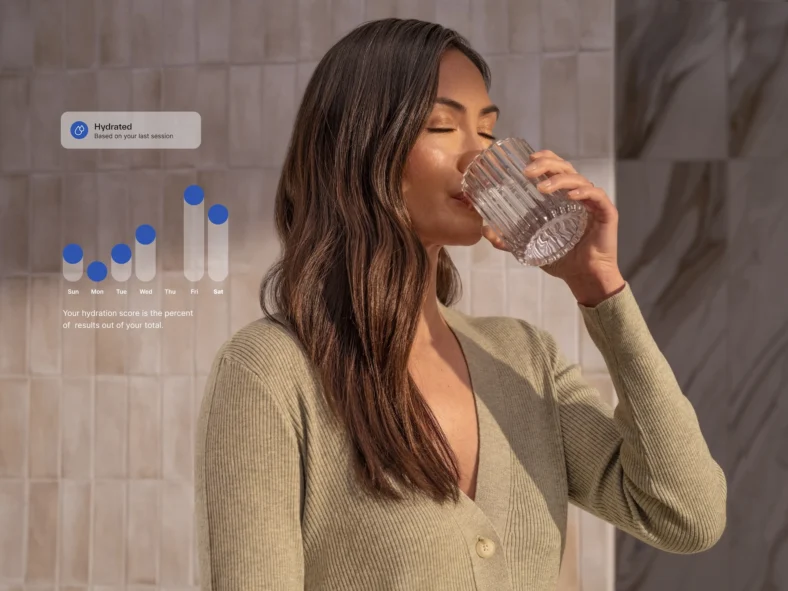 women drinks water with overlying graphic showing hydration levels