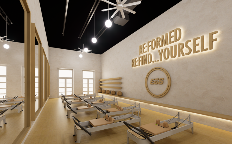 Rendering of an EoS Fitness Pilates studio