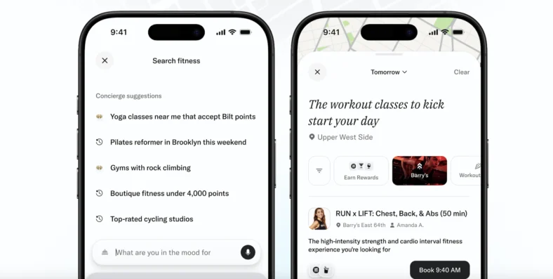 app showing fitness studios on the Bilt app