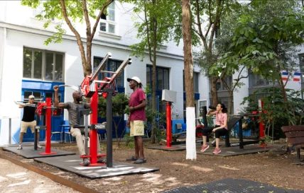 outdoor gym at a Paris homeless shelter