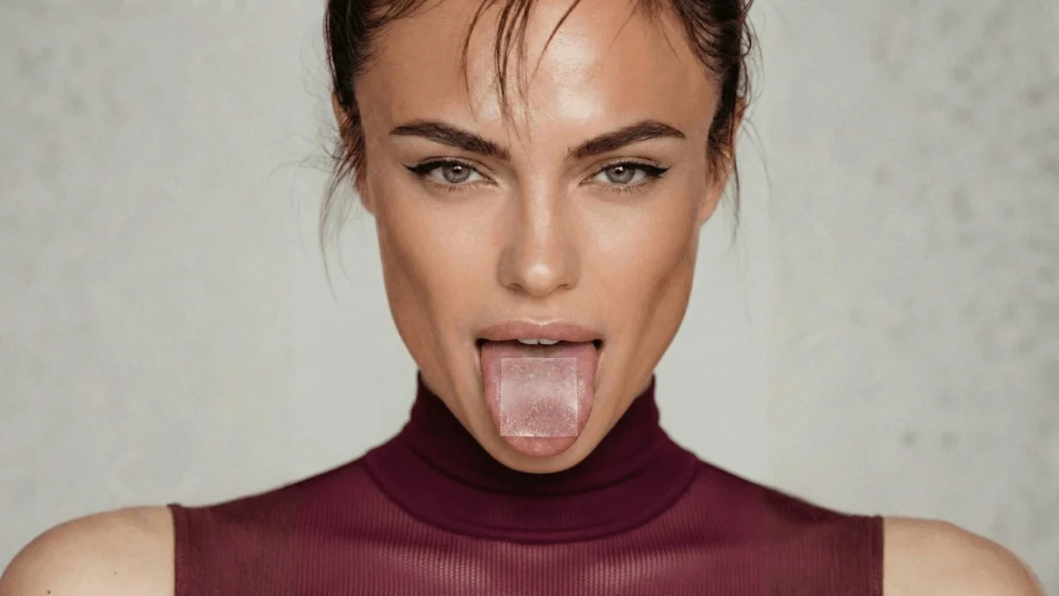 woman with a supplement strip on her toungue