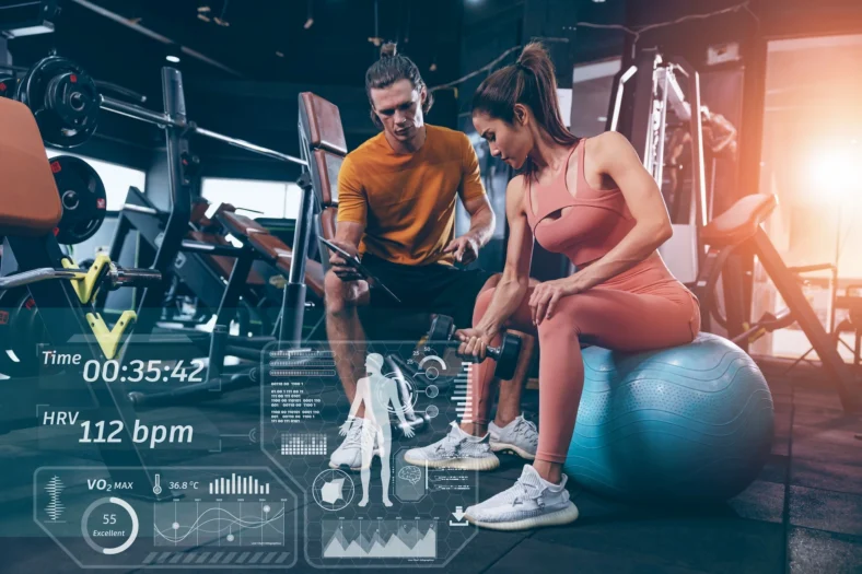 man and woman work out with tech graphics overlaid